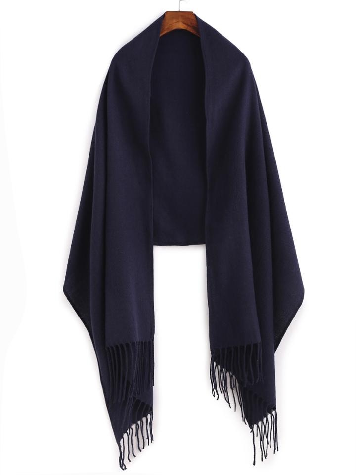 Romwe Navy Long Fringe Shawl Scarf