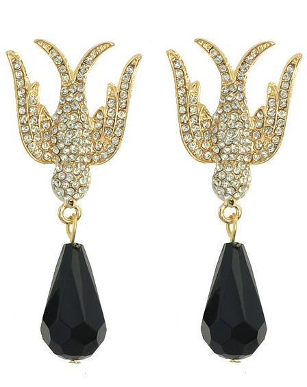 Romwe Black Drop Gemstone Gold Diamond Swallow Earrings