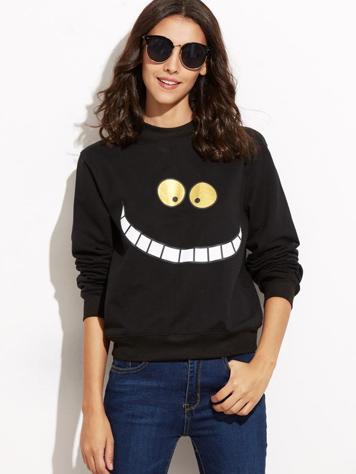 Romwe Black Smiley Face Print Sweatshirt