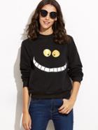 Romwe Black Smiley Face Print Sweatshirt