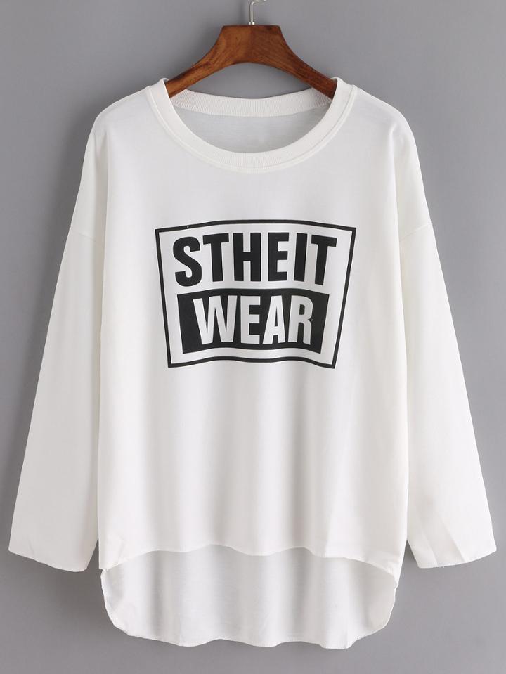 Romwe Dip Hem Letters Print White T-shirt