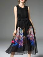 Romwe Black Contrast Lace Peplum Print Dress