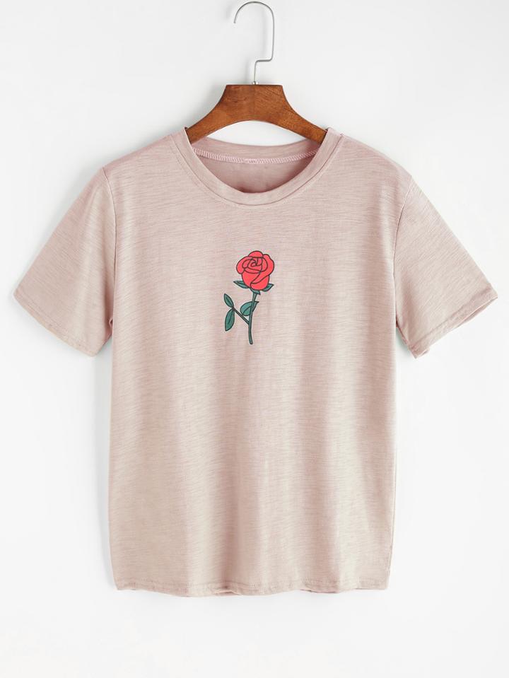 Romwe Rose Print Slub Tee