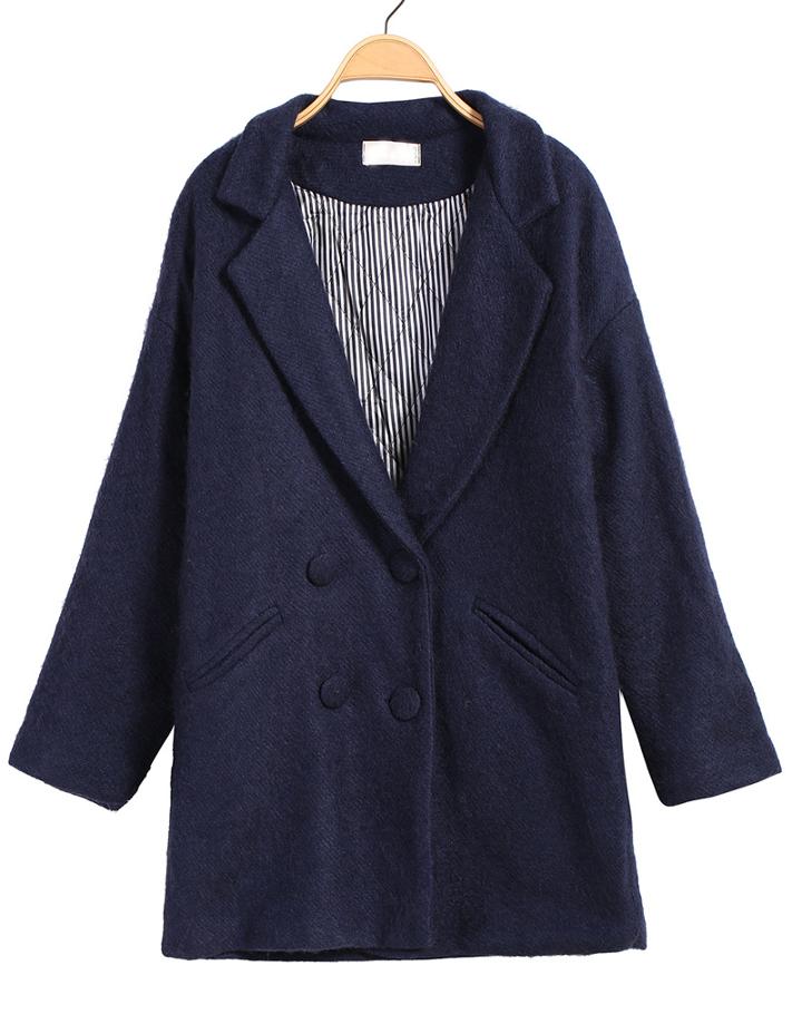 Romwe Double Breasted Lapel Woolen Navy Coat