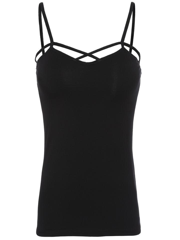 Romwe Black Spaghetti Strap Hollow Slim Cami Top