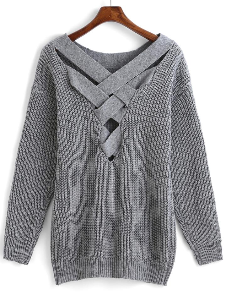 Romwe Crisscross-back Hollow Sweater
