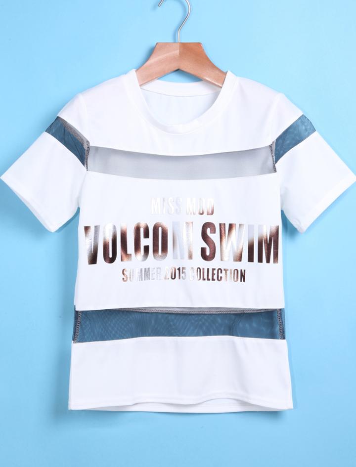Romwe Sheer Mesh Letters Print T-shirt