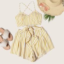 Romwe Surplice Neck Striped Top & Wide Leg Shorts Set