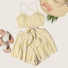 Romwe Surplice Neck Striped Top & Wide Leg Shorts Set