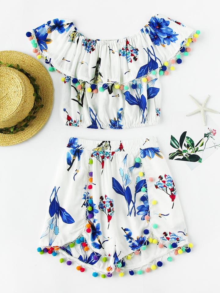 Romwe Printed Random Layered Pompom Trim Crop Top With Shorts