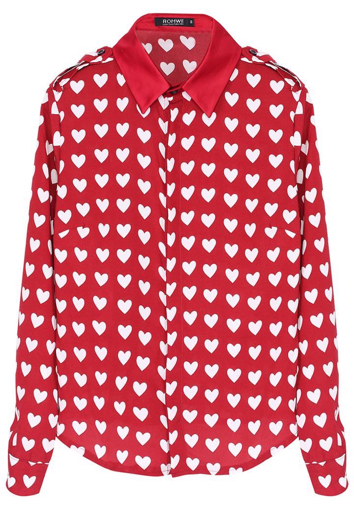 Romwe Romwe White Heart Pattern Red Chiffon Shirt