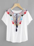 Romwe Tasseled Tie Embroidered Plunge Neck Tee