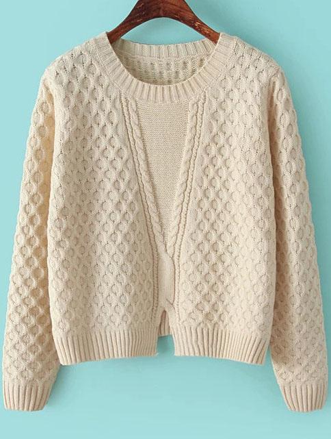 Romwe Plaid Hem Split Beige Knit Sweater