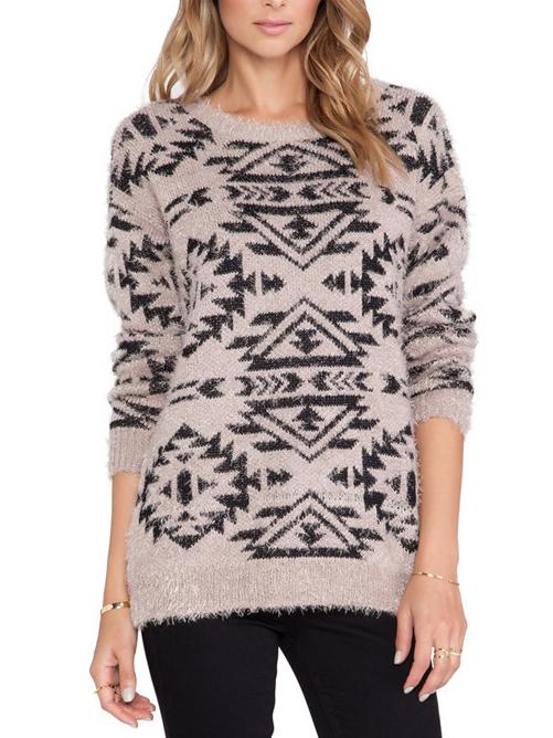 Romwe Geometric Print Fuzzy Sweater
