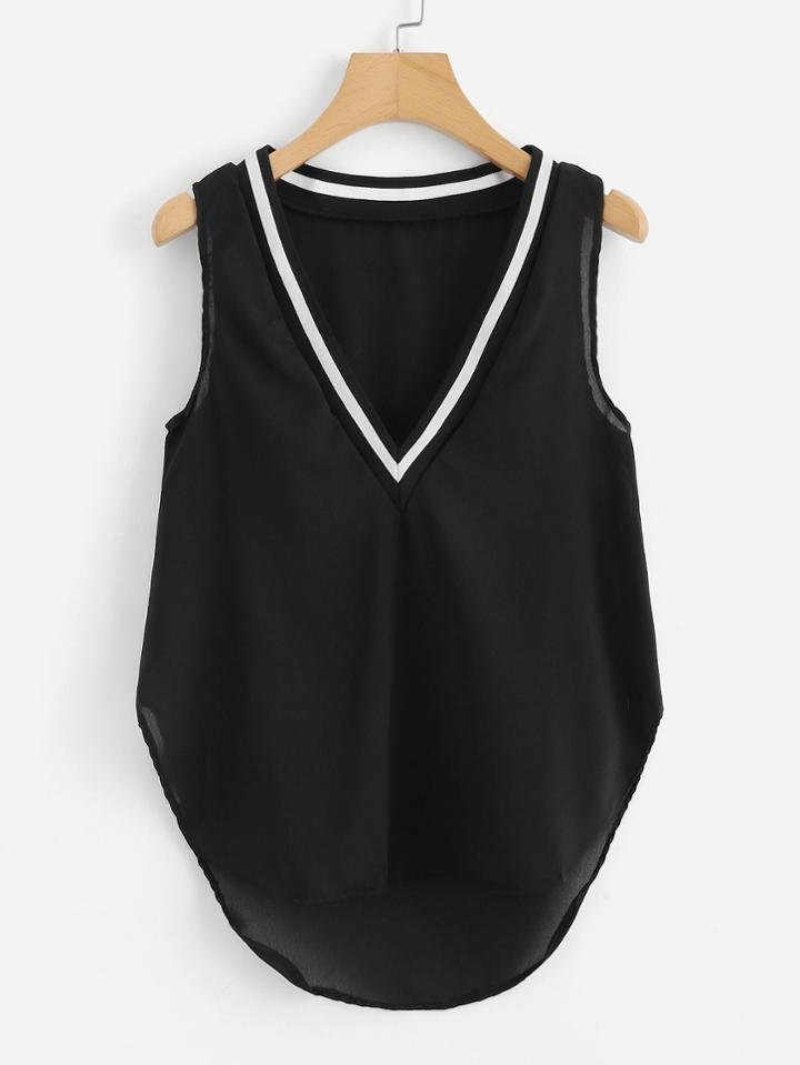 Romwe Striped Trim Curved Hem Top