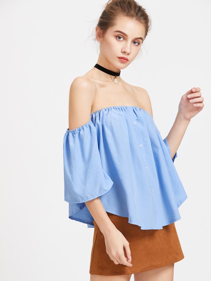 Romwe Off Shoulder Single Breasted Blouse