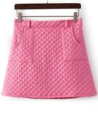 Romwe Diamond Patterned Pockets Pu Pink Skirt
