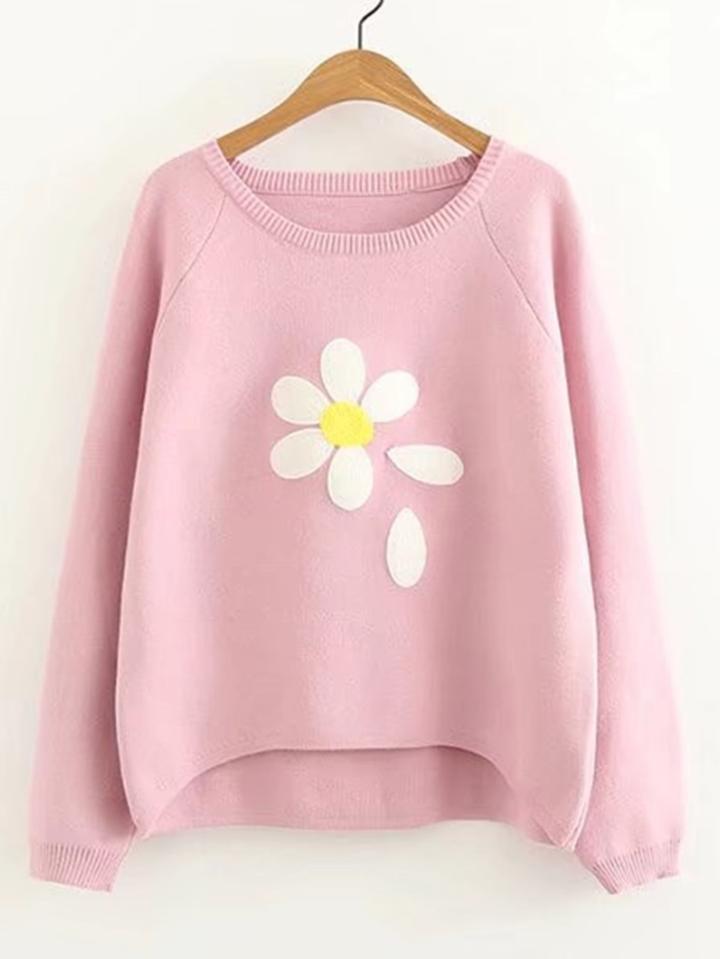 Romwe Raglan Sleeve Dip Hem Flower Sweater