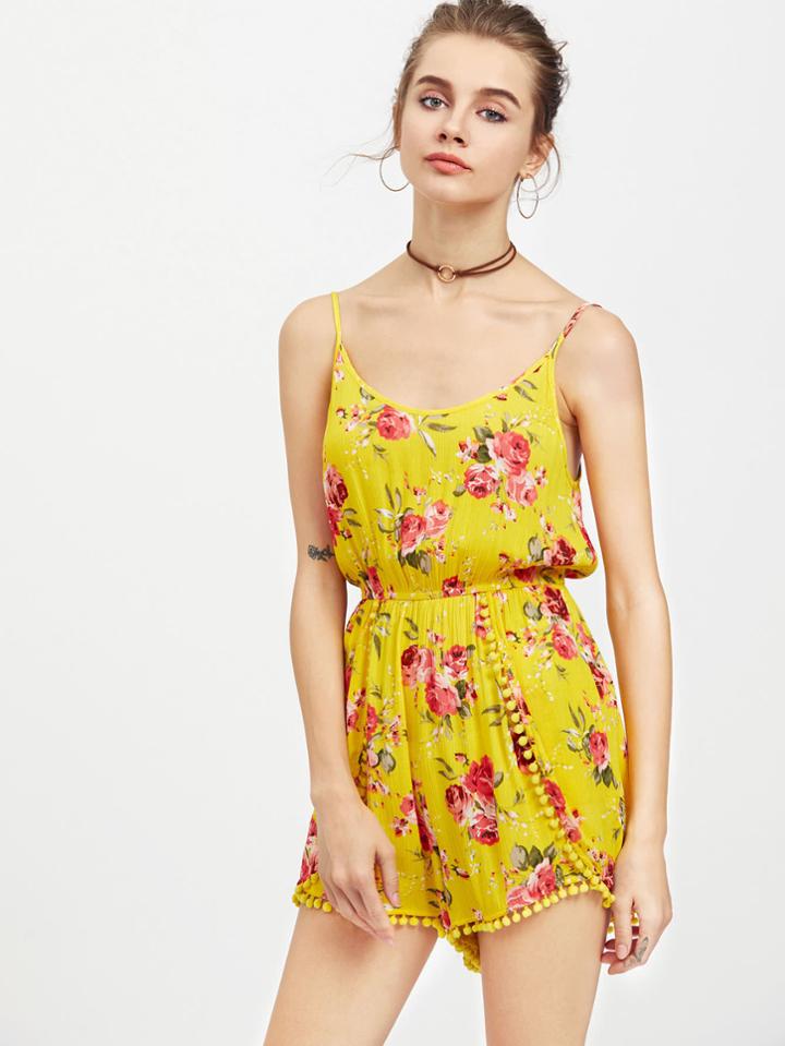 Romwe Pom Pom Trim Flower Print Wrap Cami Playsuit