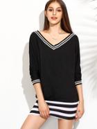 Romwe Black Striped V Neck Long Sleeve Dress