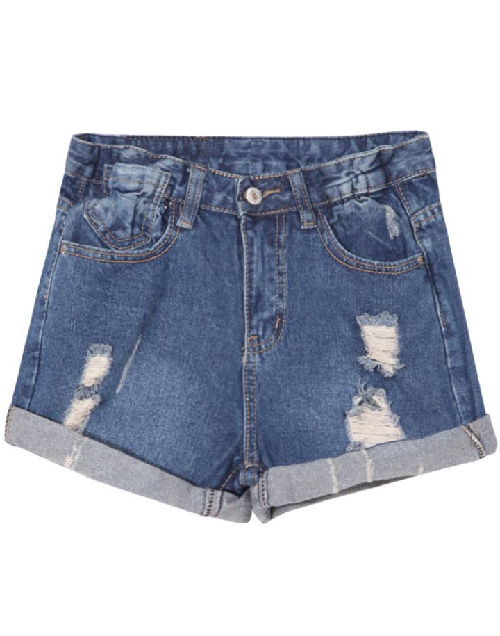 Romwe Flange Ripped Blue Denim Shorts