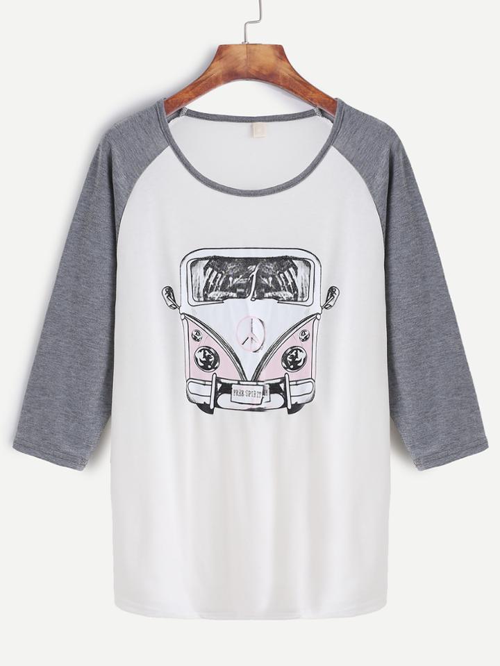 Romwe Contrast Raglan Sleeve Bus Print T-shirt