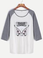 Romwe Contrast Raglan Sleeve Bus Print T-shirt