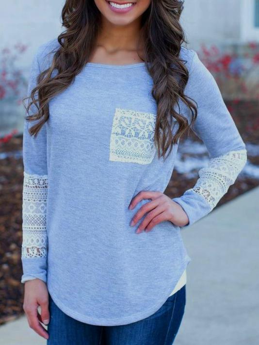 Romwe Contrast Lace Hollow Pocket T-shirt