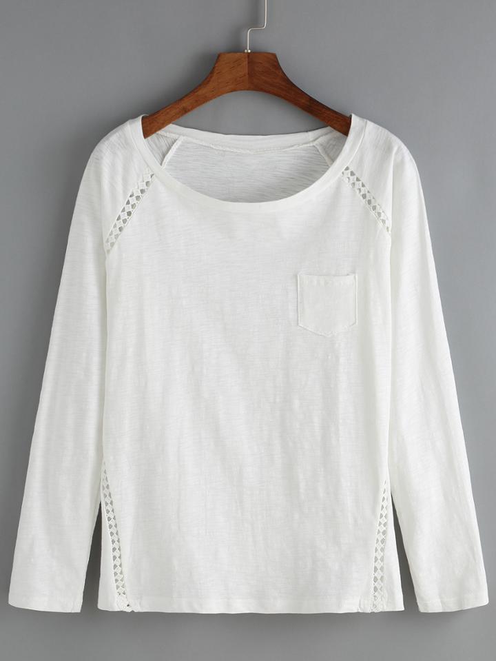 Romwe Lace Insert Hollow Pocket T-shirt