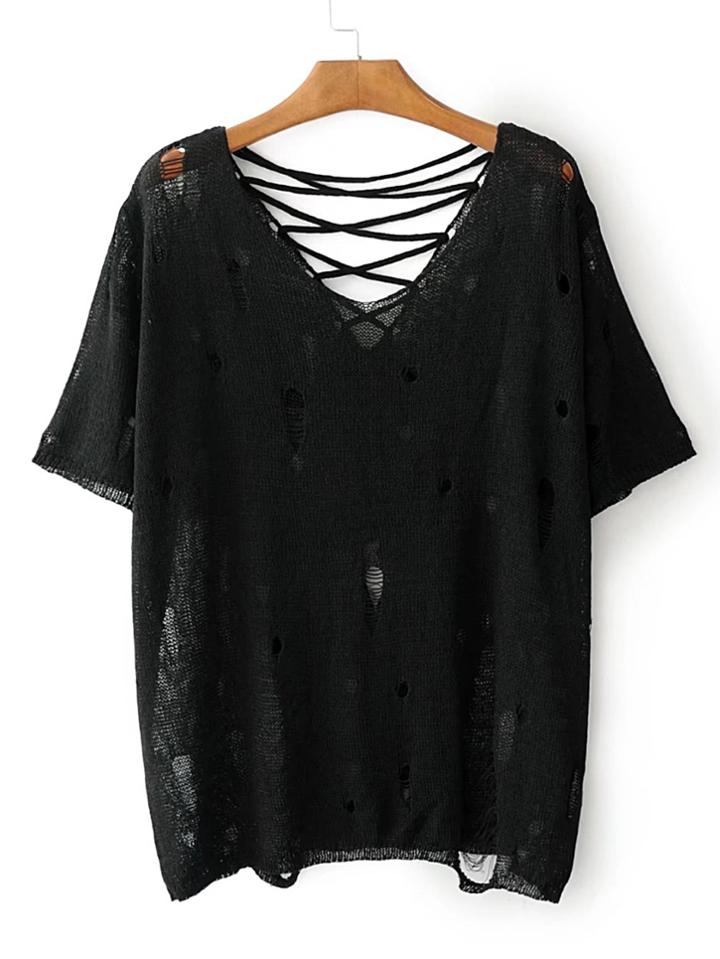 Romwe Criss Cross Back Ripped Detail Knitwear