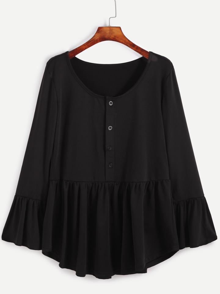 Romwe Black Ruffle Hem T-shirt With Button Front