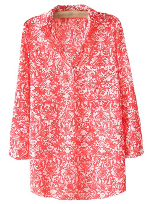 Romwe Red Long Sleeve Lapel Pocket Print Blouse
