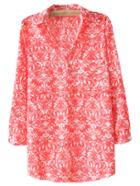 Romwe Red Long Sleeve Lapel Pocket Print Blouse