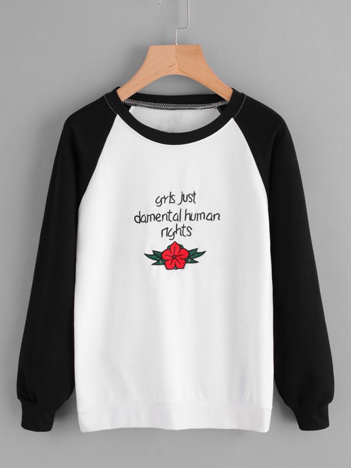 Romwe Contrast Raglan Sleeve Slogan Print Sweatshirt