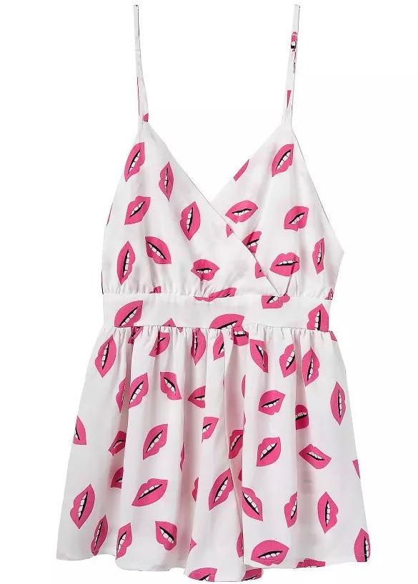 Romwe Spaghetti Strap Lips Print Jumpsuit