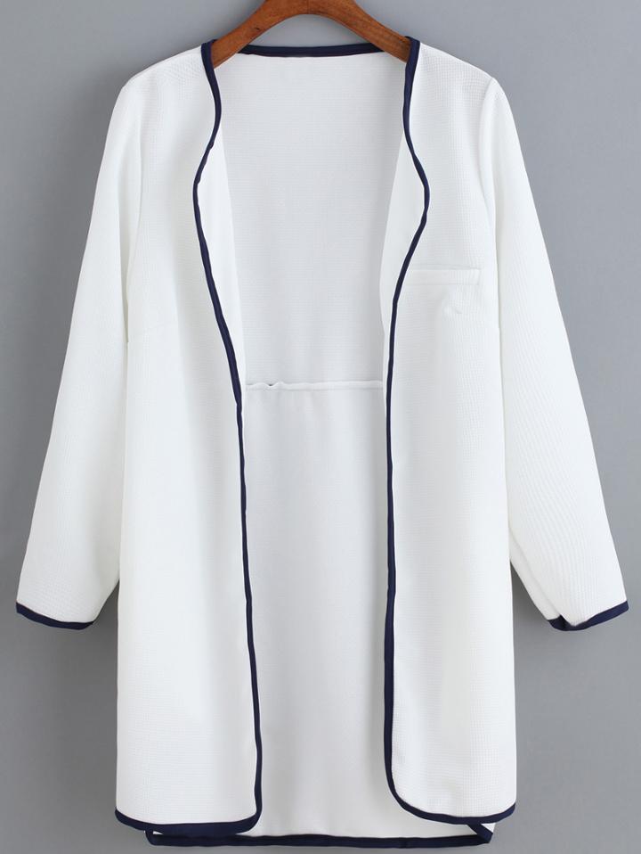 Romwe Dip Hem Contrast Edge White Coat