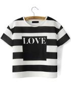 Romwe Black White Short Sleeve Striped Love Print T-shirt