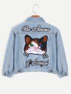 Romwe Light Blue Cat Embroidery Patch Back Crop Denim Jacket