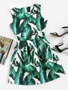 Romwe Foliage Print Box Pleated Fit And Flare Dress