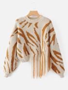 Romwe Fringe Detail Zebra Asymmetrical Sweater