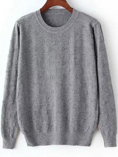 Romwe Round Neck Dotted Crochet Grey Sweater
