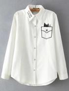 Romwe Cat Letter Embroidered White Blouse