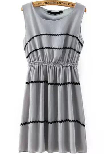 Romwe Contrast Edge Chiffon Pleated Grey Dress