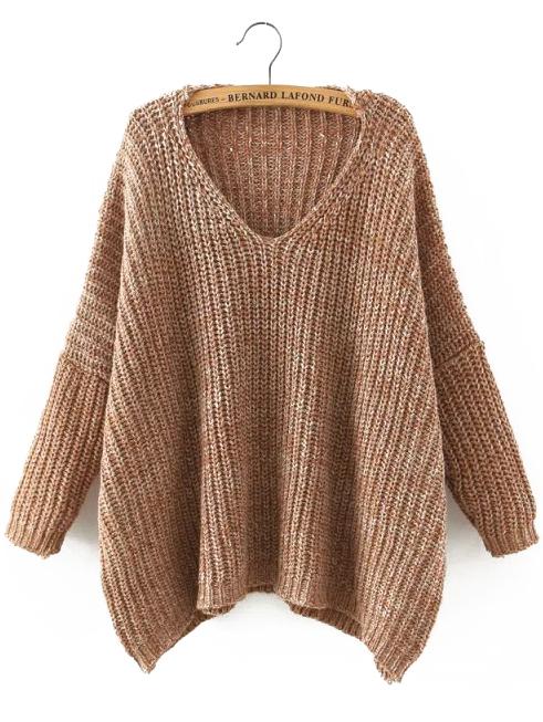 Romwe Brown V Neck Batwing Sleeve Loose Sweater