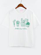 Romwe Cactus Print Drop Shoulder T-shirt - White