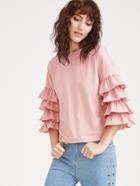 Romwe Pink Layered Ruffle Sleeve T-shirt