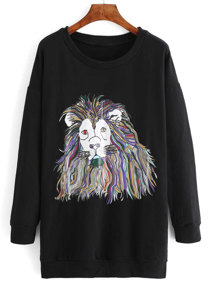 Romwe Dropped Shoulder Seam Lion Print Sweatshirt