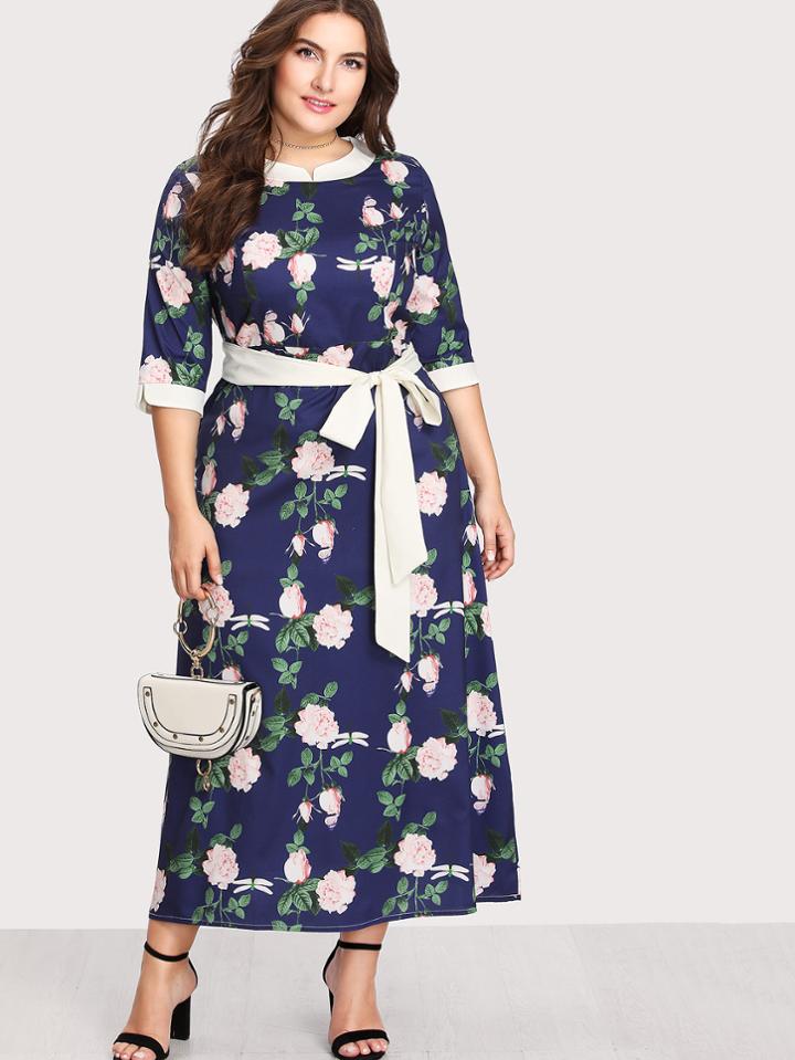 Romwe Contrast Trim Floral Print Tie Waist Dress