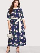 Romwe Contrast Trim Floral Print Tie Waist Dress