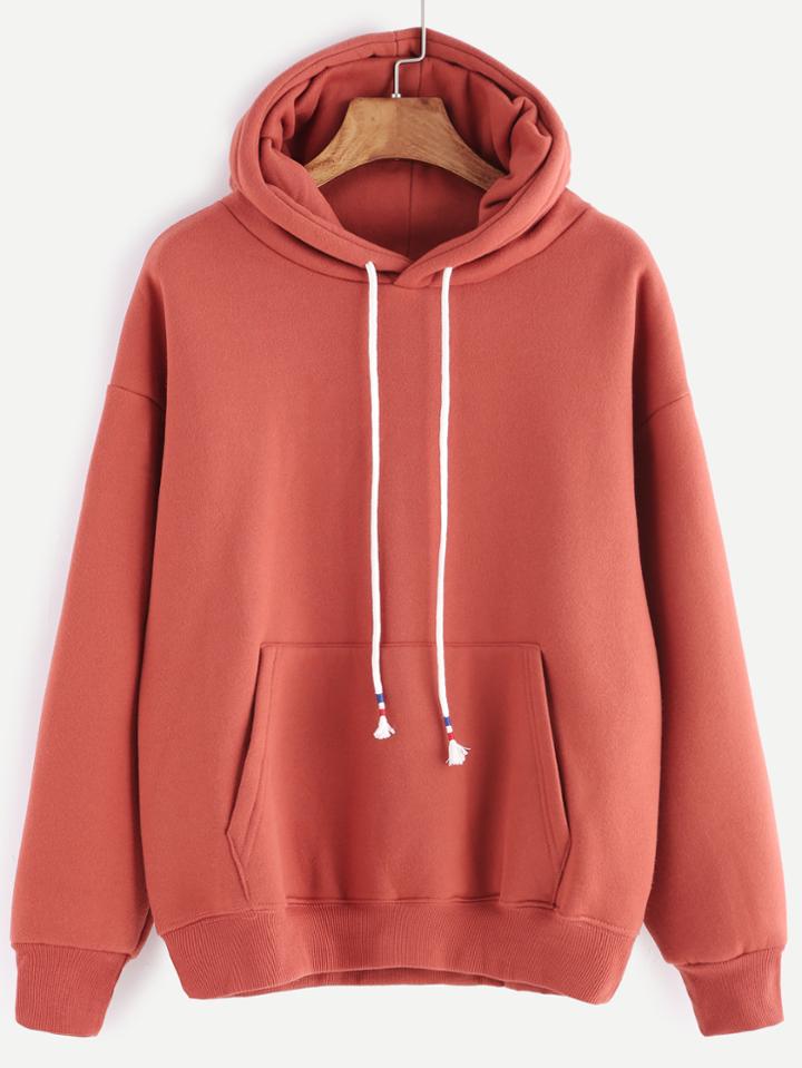 Romwe Brick Red Drop Shoulder Drawstring Hooded Pocket Sweatshirt